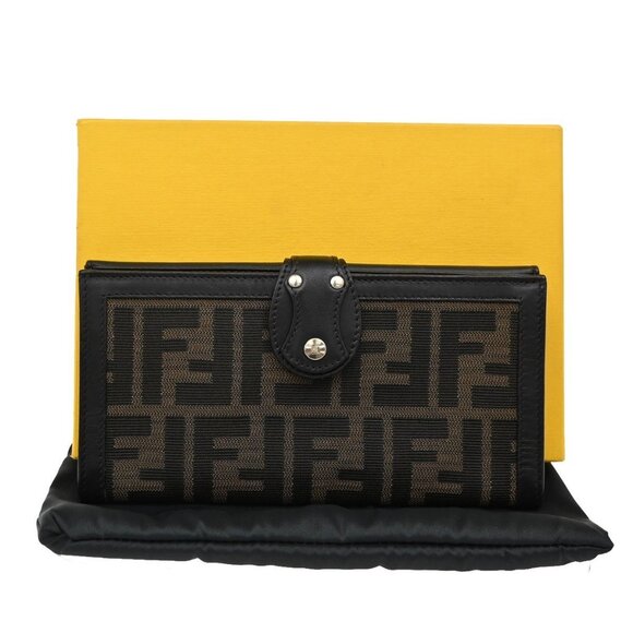 FENDI Logo Zucca Pattern Bifold Wallet Canvas Leather Brown Black 60RF544 - Picture 1 of 16